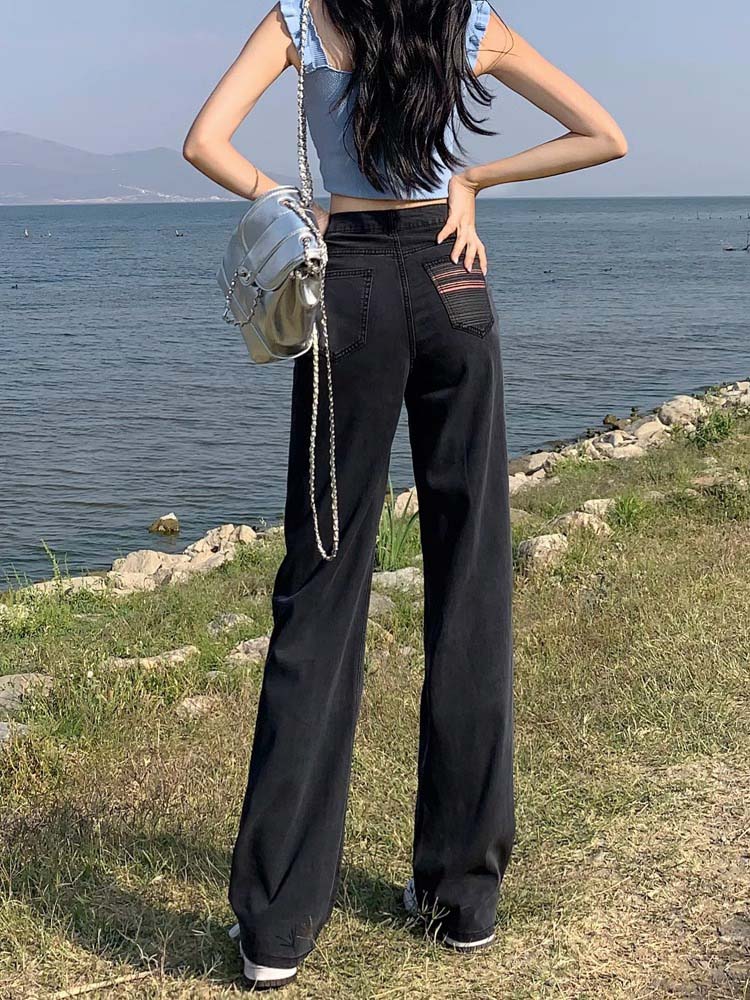 黑色天丝牛仔裤女夏季薄款2025新款小个子高腰窄版冰丝直筒阔腿裤