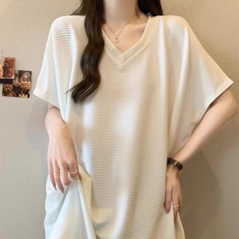 大版V领白色短袖T恤大码女装夏季2025新款胖mm宽松遮肚中长款上衣