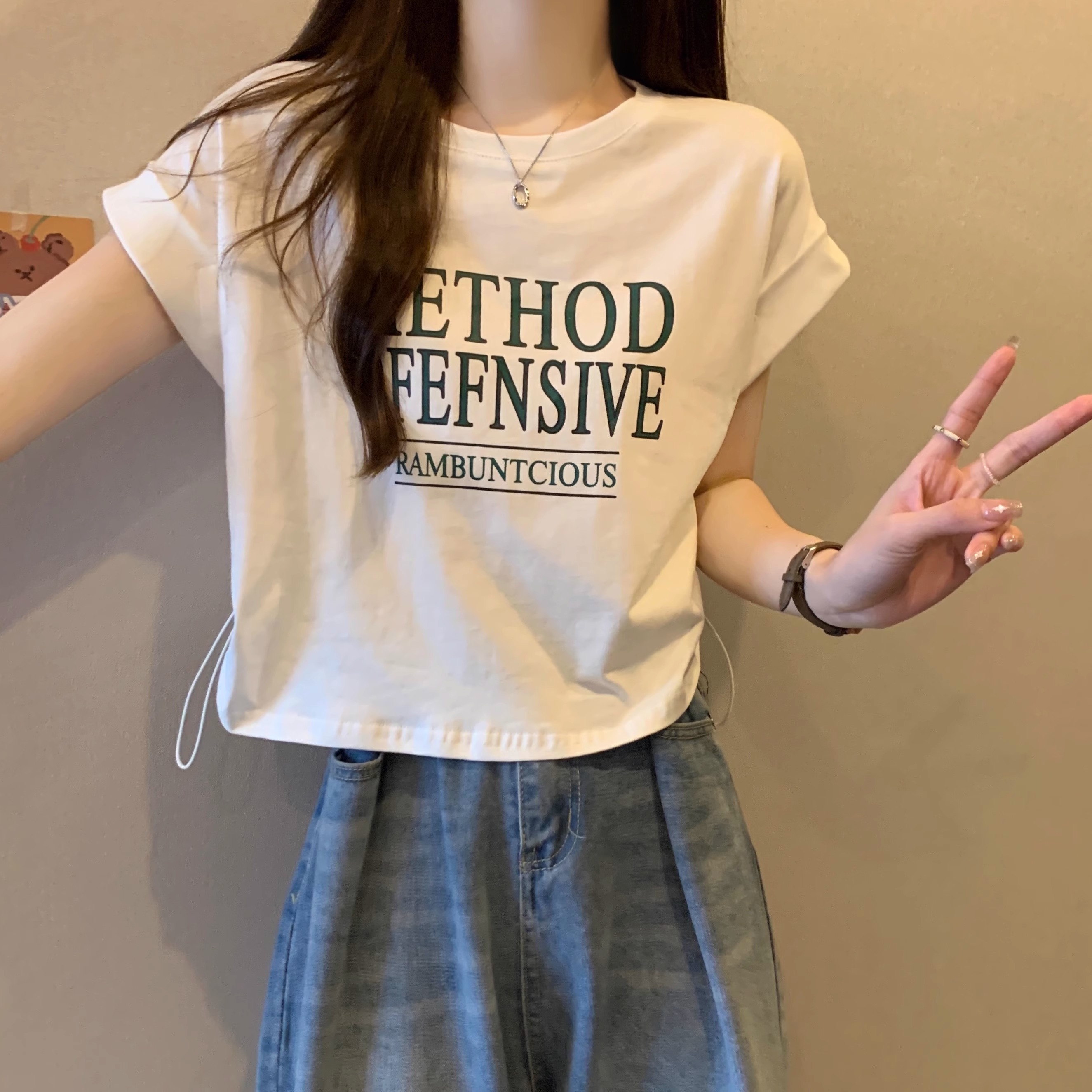抽绳短袖t恤女夏季2025新款设计感小众时尚小个子洋气短款上衣女