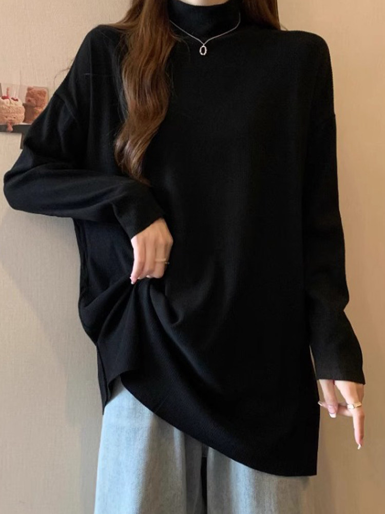 黑色半高领针织衫T恤女秋冬2025新款大码宽松中长款打底衫上衣女