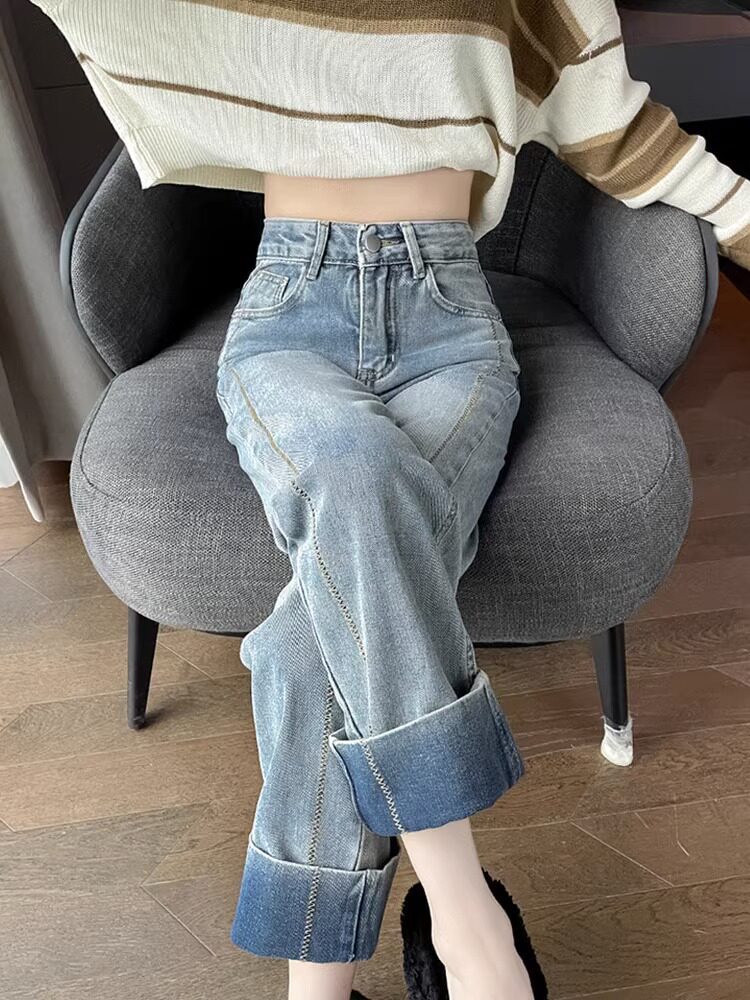 卷边直筒牛仔裤女春秋2025新款高腰显瘦小个子撞色法棍烟管裤子女
