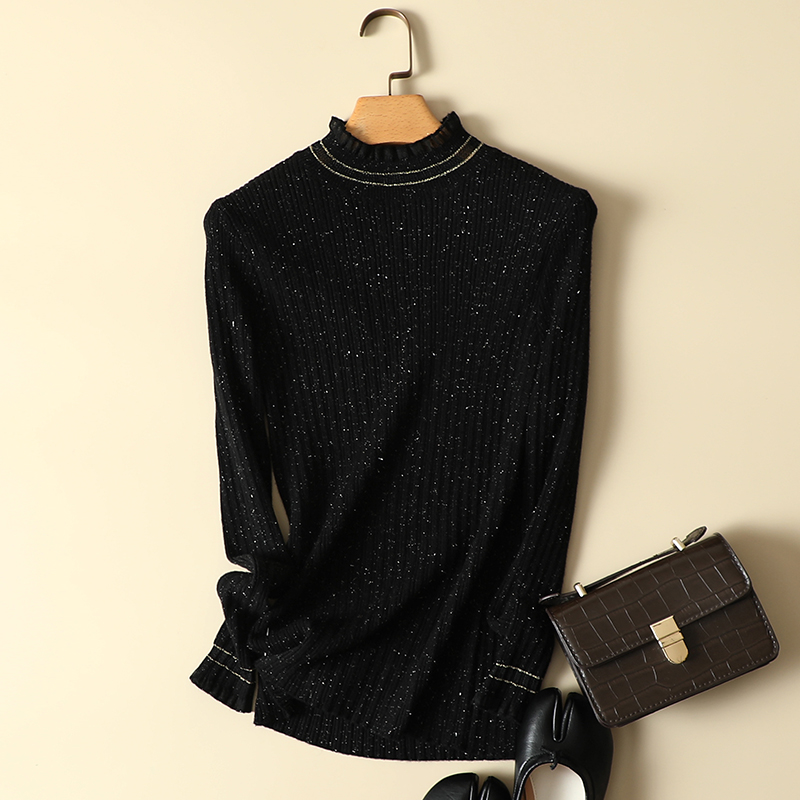 蕾丝半高领针织打底衫女秋冬2025新款修身内搭黑色毛衣长袖上衣女