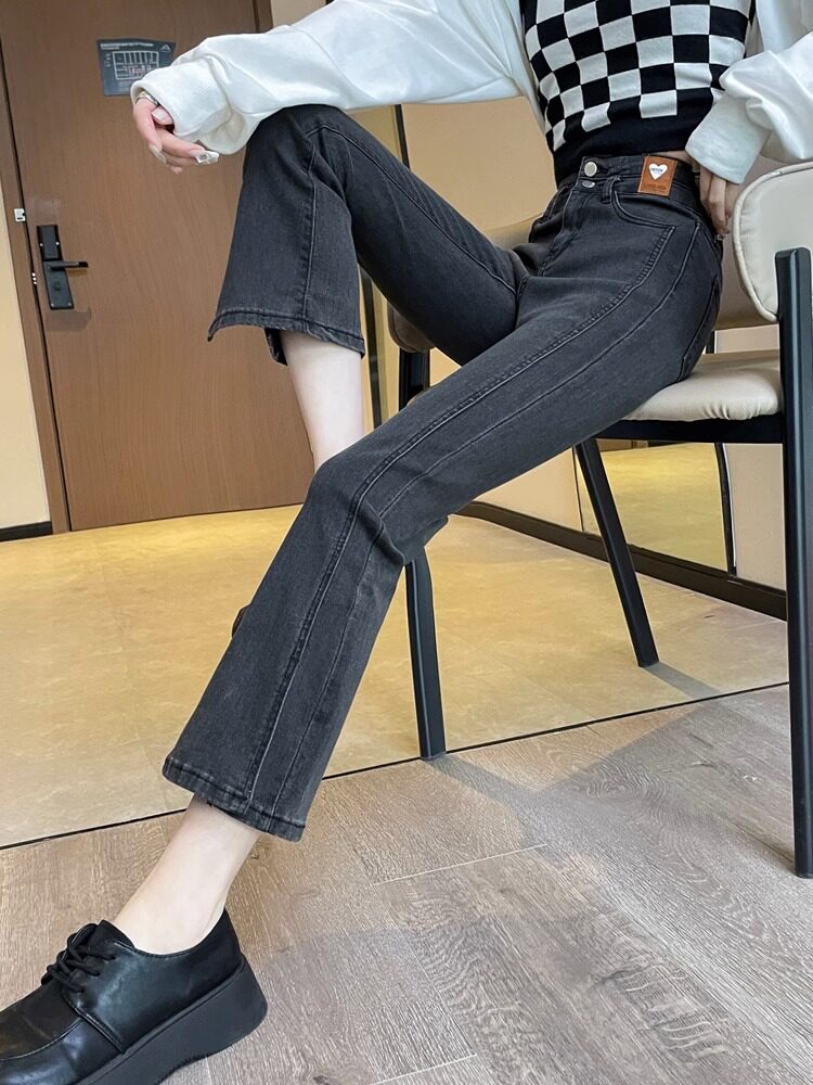 烟灰色微喇牛仔裤女夏薄款2025新款高腰小个子八分九分喇叭裤子女