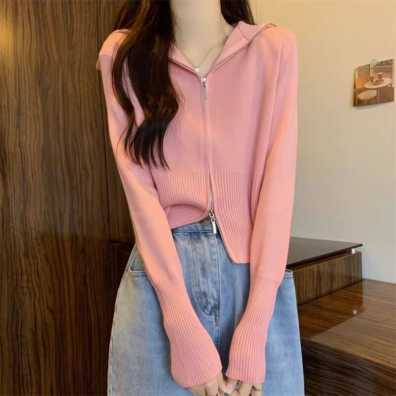 粉色双拉链针织开衫女春秋2025新款设计感小众毛衣外套短款上衣女