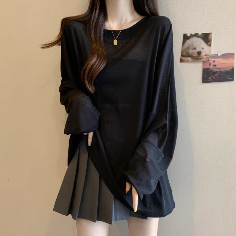中长款长袖t恤女夏薄款2025新款大码宽松防晒罩衫黑色冰丝上衣女