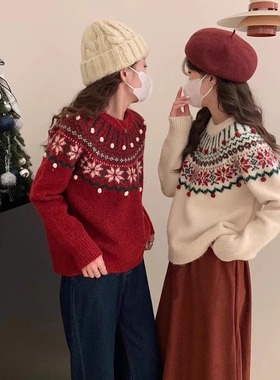 提花圣诞新年红色费尔岛毛衣女秋冬2025新款覆古套头软糯针织上衣