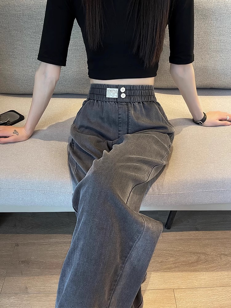 天丝牛仔裤女夏季薄款2025新款松紧高腰直筒小个子冰丝窄版阔腿裤