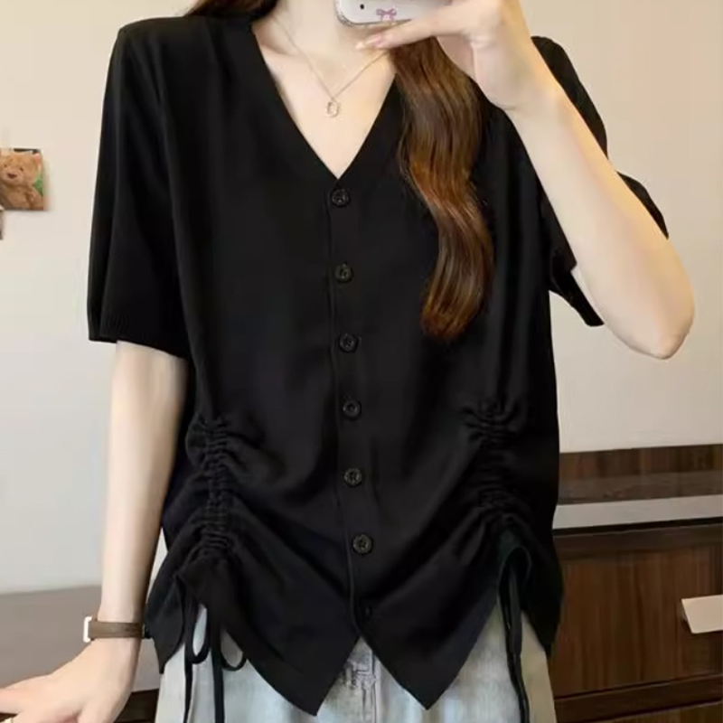 大码女装V领抽绳冰丝针织短袖t恤女夏2025新款显瘦设计感开衫上衣