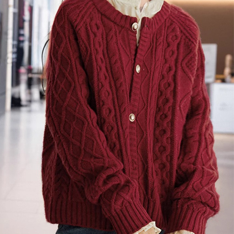 加厚粗线红色毛衣外套女秋冬2025新款短款大尺码针织开衫新年上衣