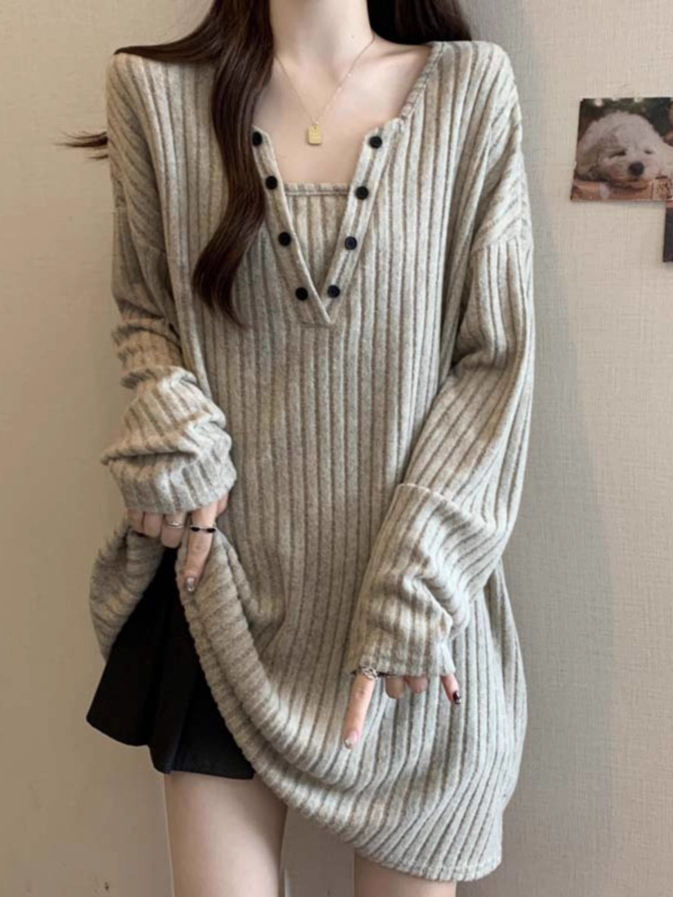 中长款针织衫女春秋2025大码韩版宽松慵懒风打底衫上衣长袖毛衣女