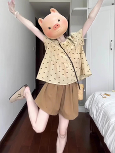 寬松短袖 t恤碎花上衣女短褲 女夏薄款 兩件套裝 2025年新款 雪紡襯衫