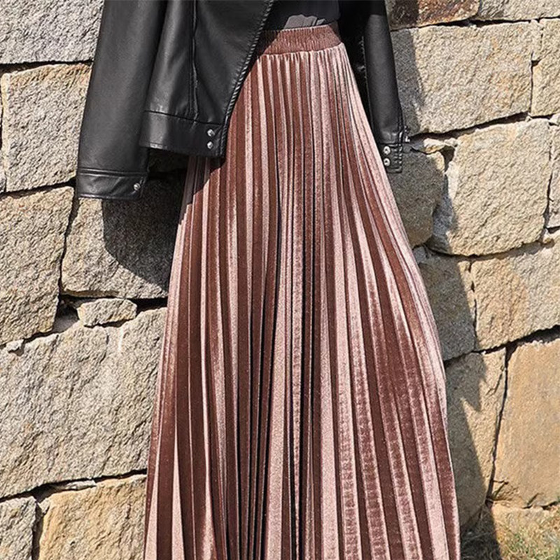 金丝绒百褶裙女秋冬季2025新款时尚中长版半身裙高腰显瘦a字裙子,女装/女士精品,半身裙,淘宝优惠券,粉丝福利购,淘宝优惠卷