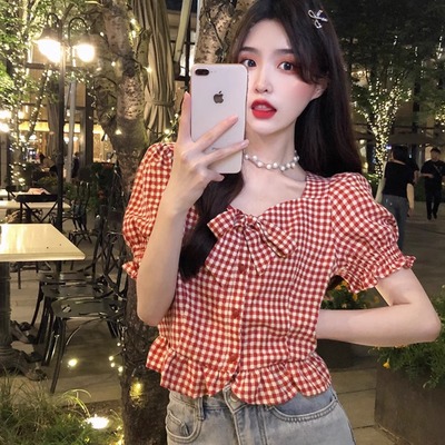 甜美红色格子衬衫女短袖t恤女夏2025新款设计感小众方领短款上衣
