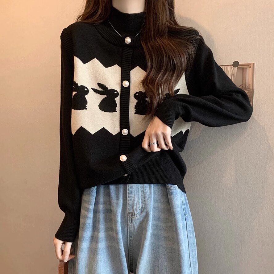 半高领假两件针织衫女秋冬装2025新款大码毛衣打底衫印花上衣女潮