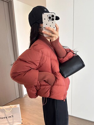 安哥拉红羽绒服女冬季2025年新款洋气棒球领面包服小个子短款外套