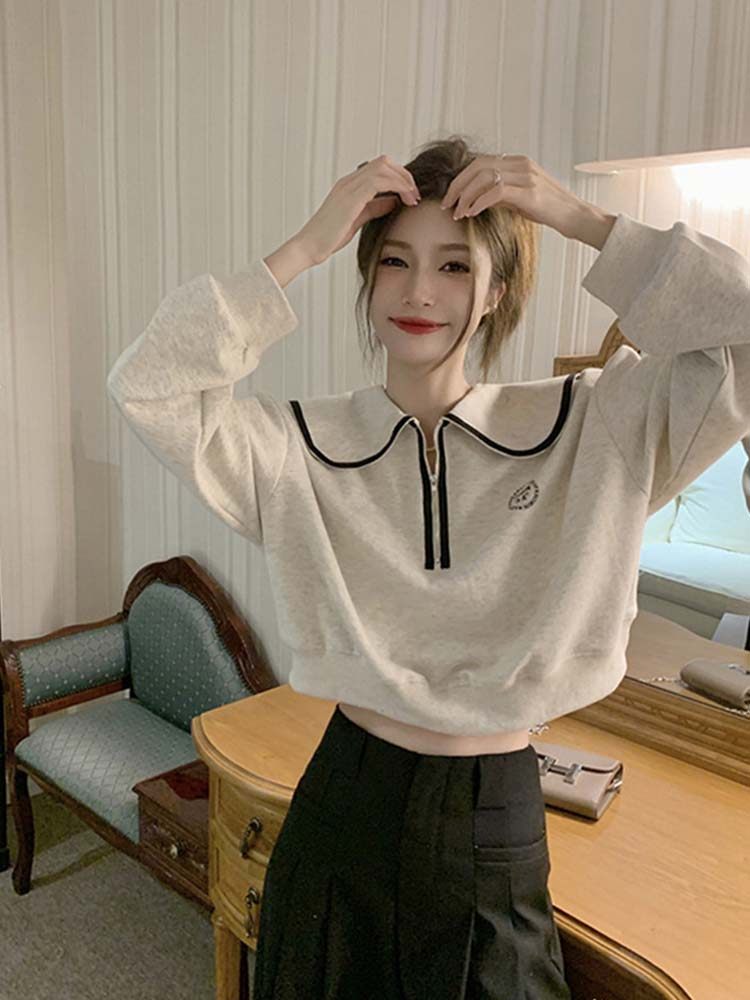 娃娃领卫衣女春秋季2025年新款小众设计感时尚宽松长袖短款上衣女