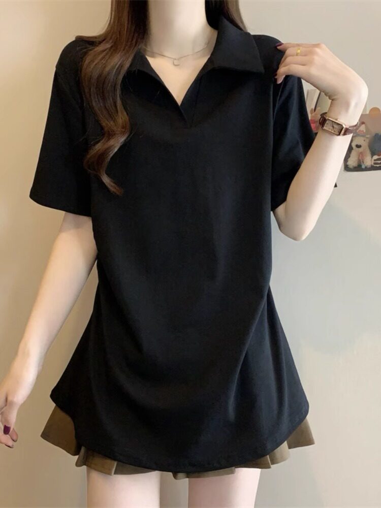 黑色Polo领短袖t恤女士底裤衬衫2025夏季新大尺寸苗条右肩中长上