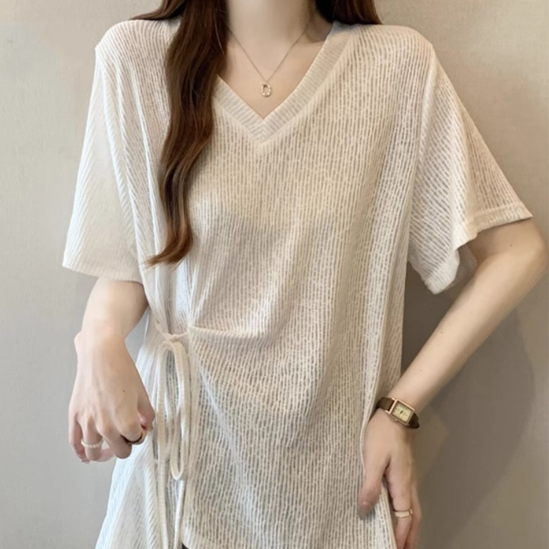 肌理感正肩短袖T恤女2025夏季新款大码胖mm不规则收腰中长款上衣