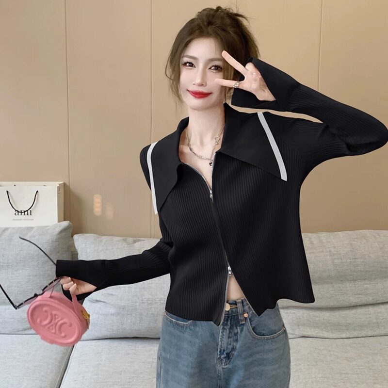 娃娃领拉炼针织开衫女春秋冬2025新款大码设计感小众长袖短款上衣