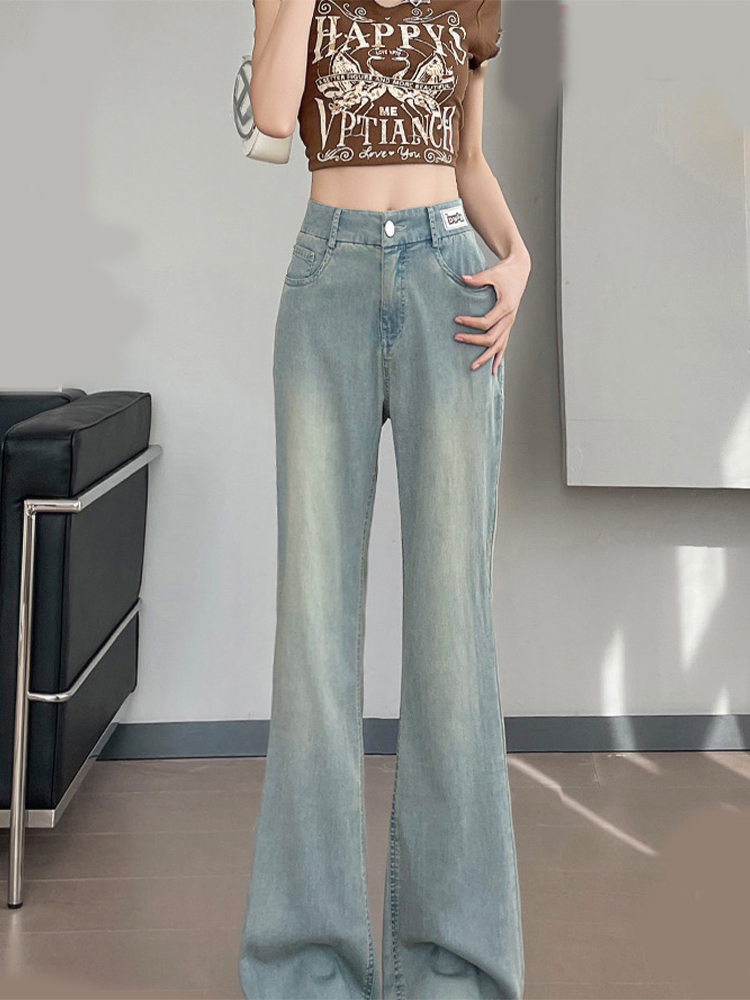 微喇天丝牛仔裤女夏季薄款2025新款韩版高腰显瘦冰丝阔腿喇叭裤子