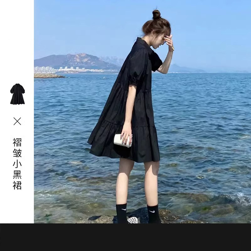 法式连衣裙女夏季2025新款韩版宽松显瘦设计感小众褶皱小黑裙子女