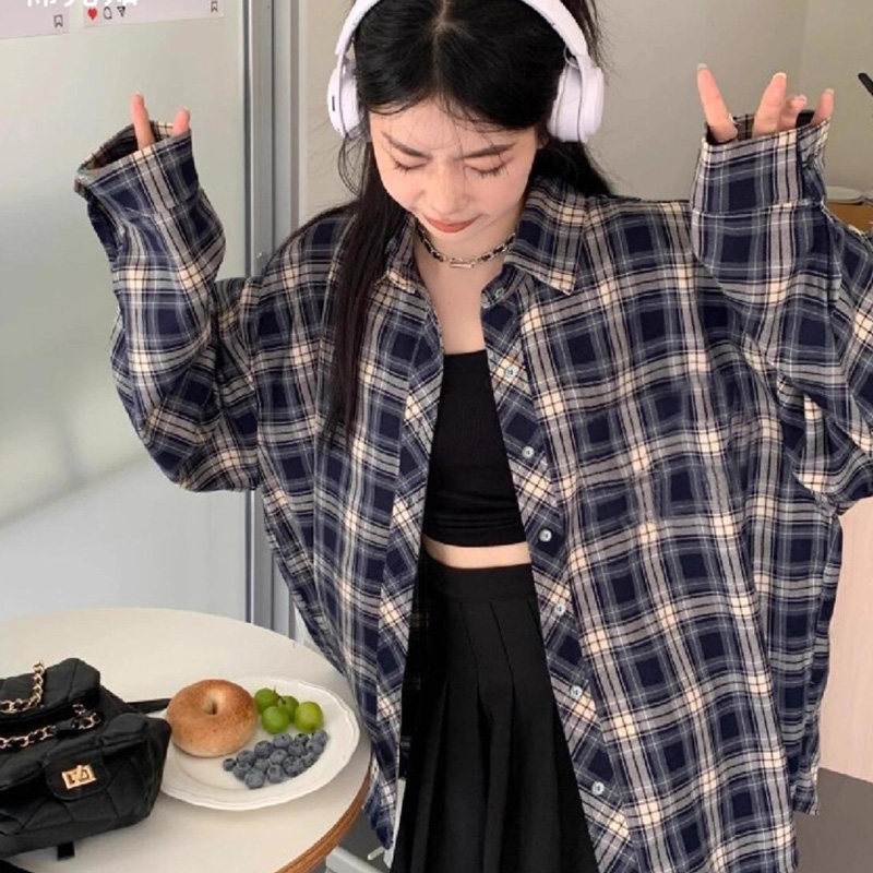 蓝色格子衬衫女春秋薄款2026新款防晒外套宽松慵懒风衬衣长袖上衣