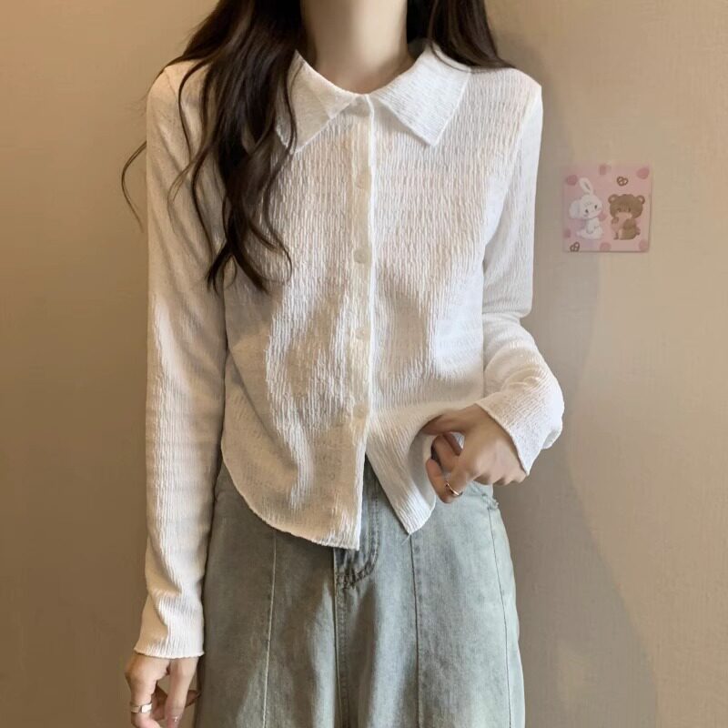 肌理感白色衬衫女春秋季2026新款小个子设计感小众长袖短款上衣女