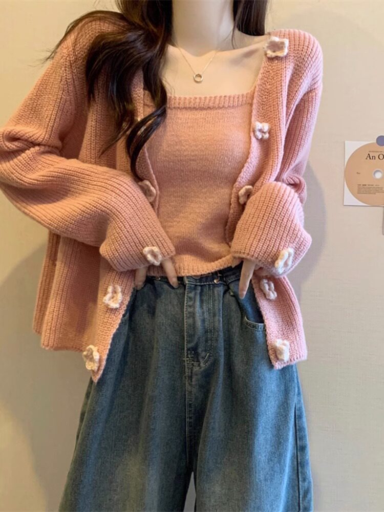 多巴胺粉色针织开衫女春秋2026新款毛衣外套短款上衣吊带两件套女