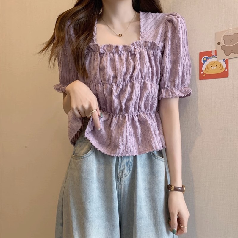 方领衬衫女短袖T恤女夏2025新款大码女装设计感泡泡袖短款上衣女