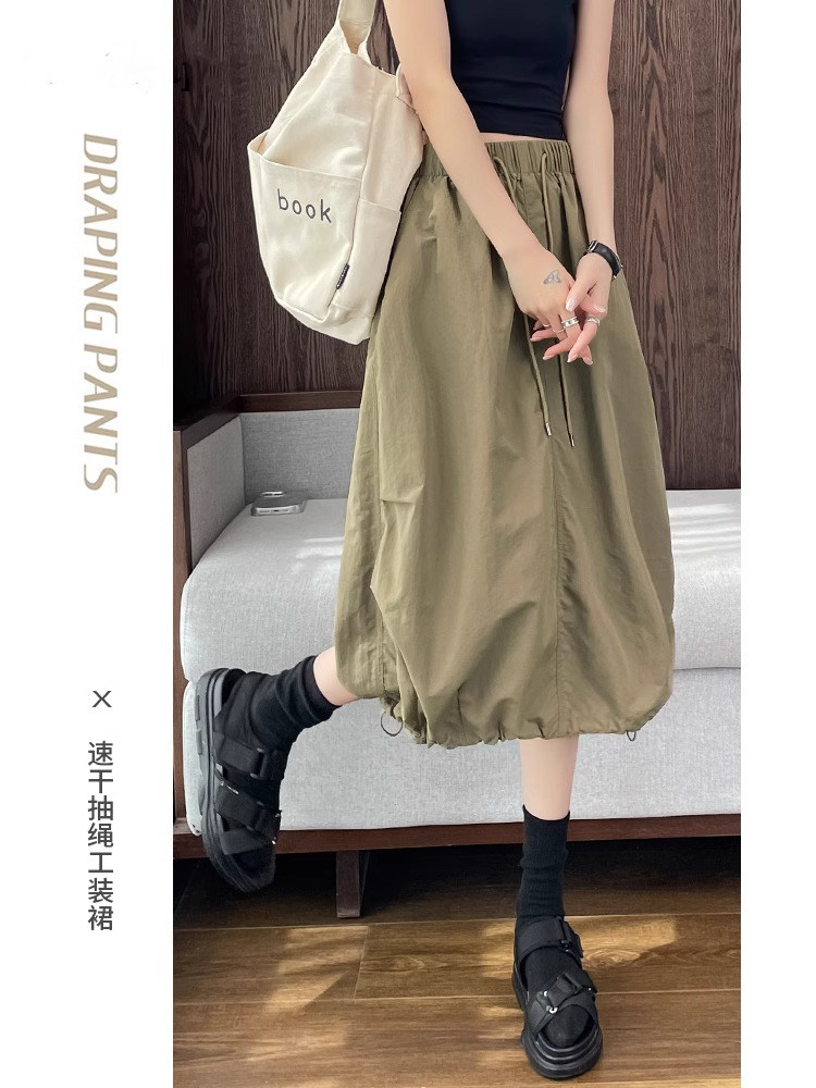 美式速干 干工装裙女夏季2025新款高腰a字伞裙中长版蓬蓬花苞半身