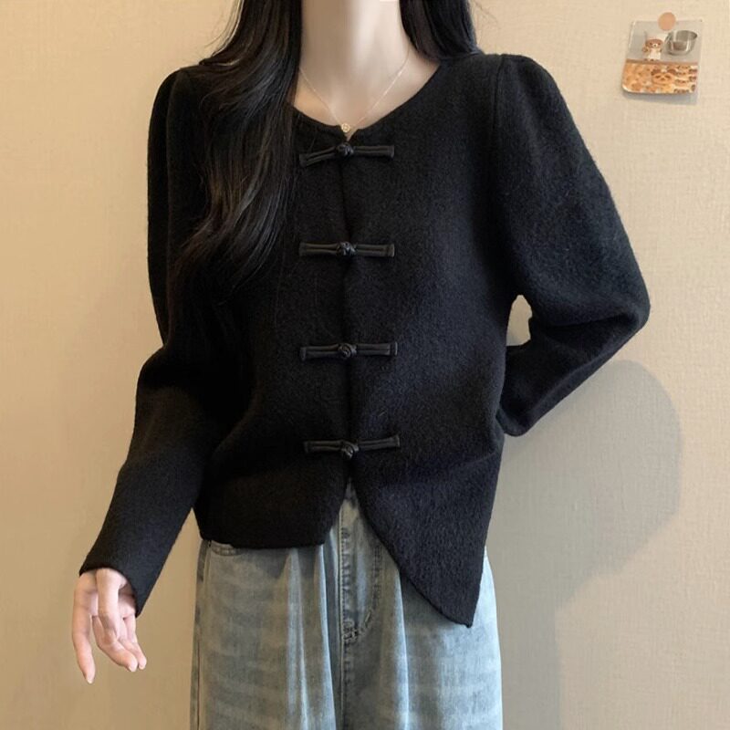 新中式针织开 衫女春秋装2025新款覆古旗袍扣毛衣外套不对称上衣