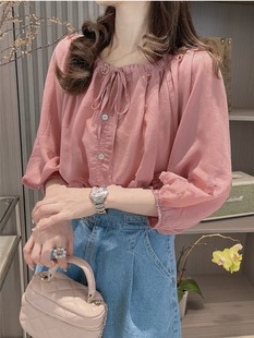 2025新款 設(shè)計(jì)感小眾泡泡袖 女短袖 七分袖 上衣女 T恤女夏季 雪紡襯衫