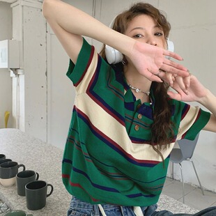 绿色polo领t恤女短袖 设计感小众百搭洋气条纹上衣女 夏季 2025新款