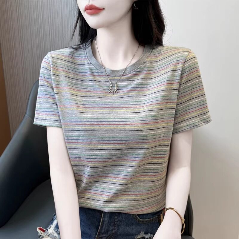 纯棉条纹短袖t恤女夏季薄款2026新款宽松显瘦正肩半袖体恤衫上衣