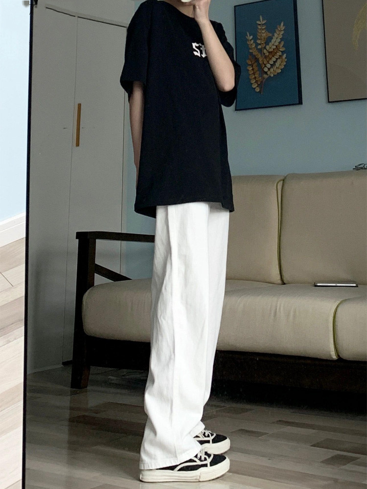 白色窄版阔腿牛仔裤女春秋2025新款高腰宽松显瘦小个子垂感直筒裤