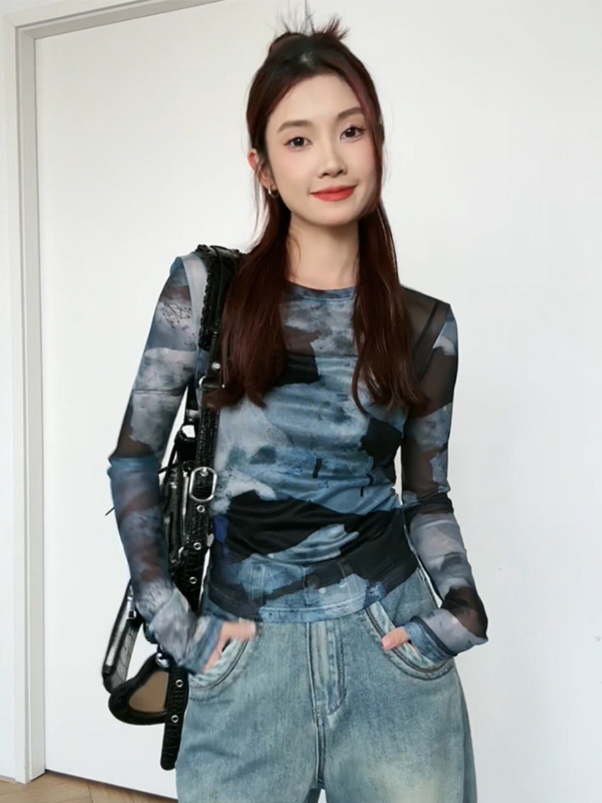 长袖T恤女春秋2025年新款扎染网纱防晒罩衫修身显瘦微透美式上衣
