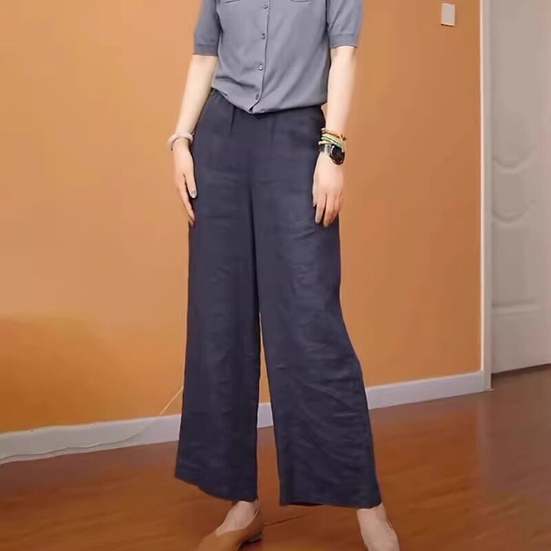 藏青色阔腿裤女夏季薄款2026新款高腰垂感显瘦大码亚麻九分休闲裤