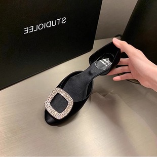 方形水钻扣圆头浅口真丝绸缎单鞋 羊皮平底鞋 法式 2025年新款 女夏季