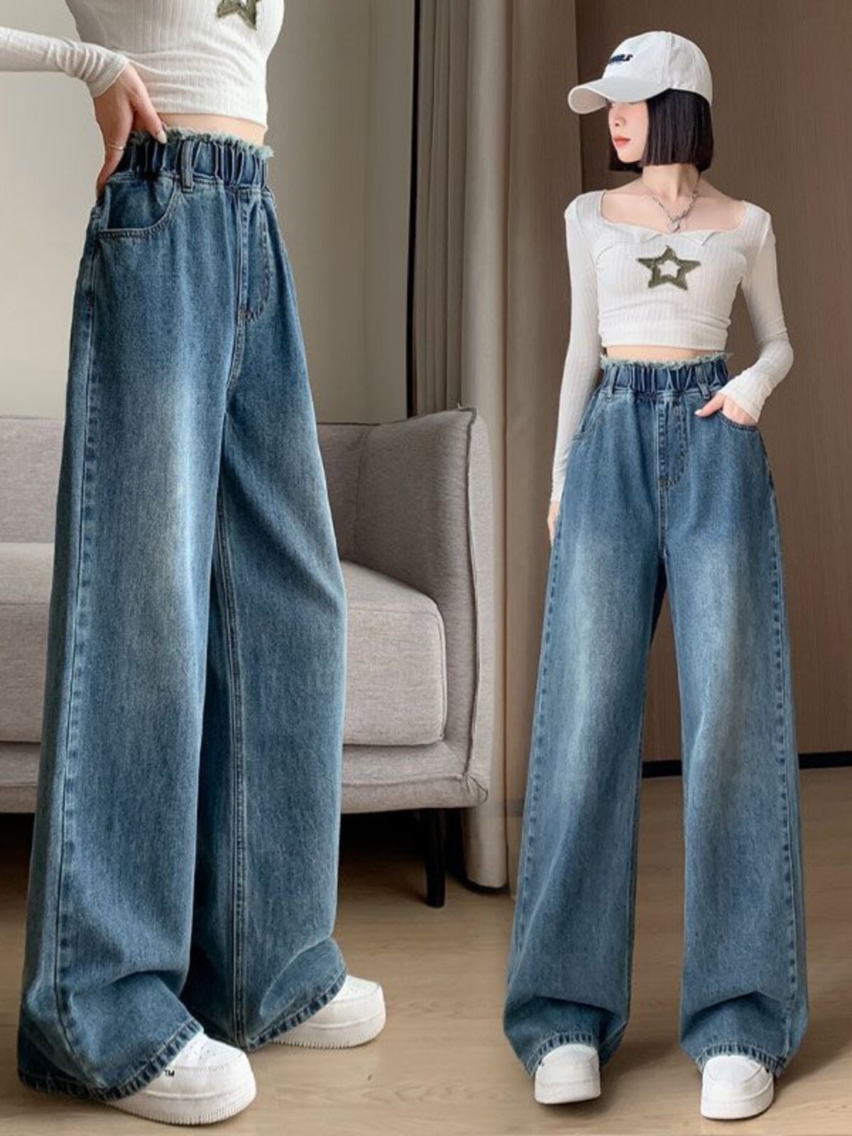 牛仔阔腿裤女春秋2025新款时尚韩版大码松紧腰百搭显瘦直筒长裤子