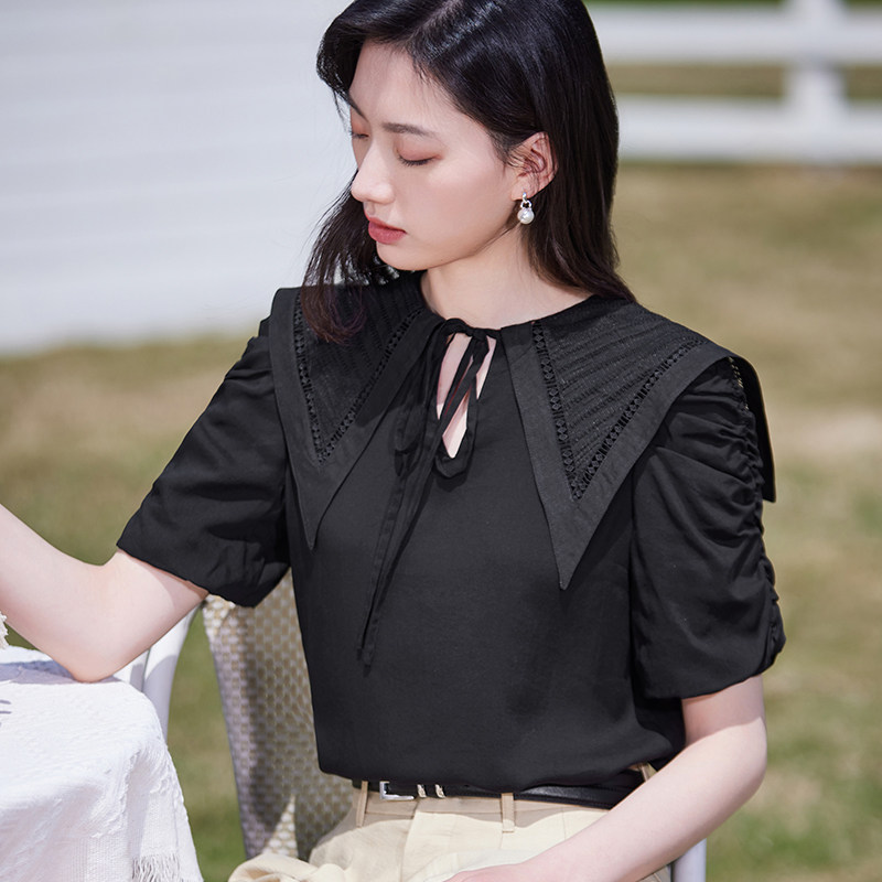 雪纺衬衫女短袖夏季2026新款气质减龄时尚显瘦系带海军领T恤上衣