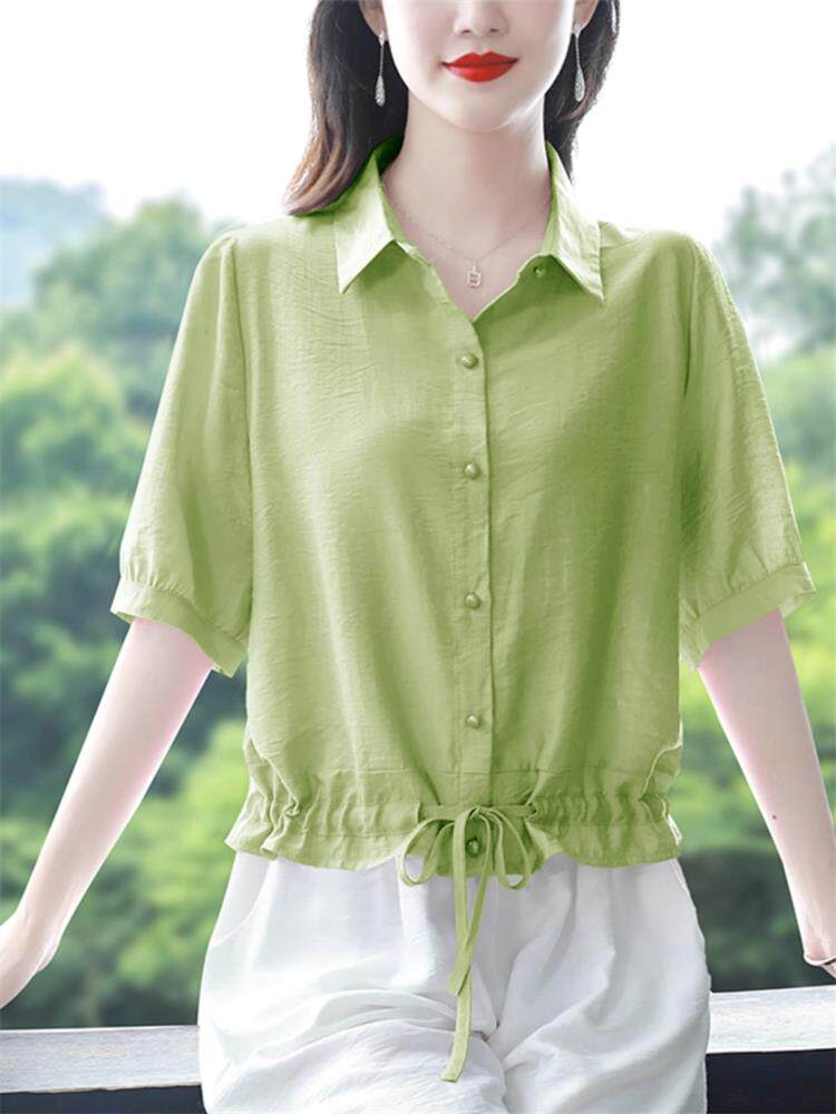 棉麻衬衫女夏季薄款2025新款气质时尚显瘦小个子抽绳收腰短款上衣