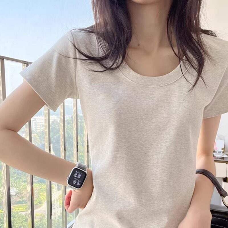 灰色短袖t恤女夏季薄款2026新款美式修身显瘦百搭半袖打底衫上衣