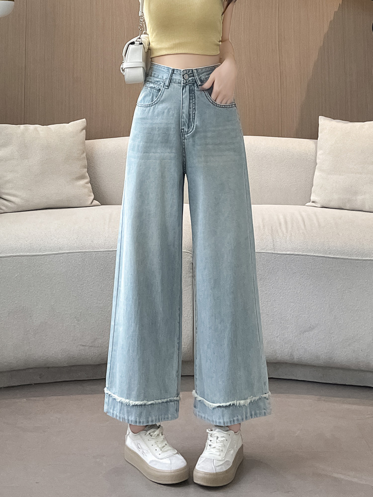 阔腿牛仔裤女春秋2025新款高腰显瘦宽松小个子垂感九分毛边直筒裤