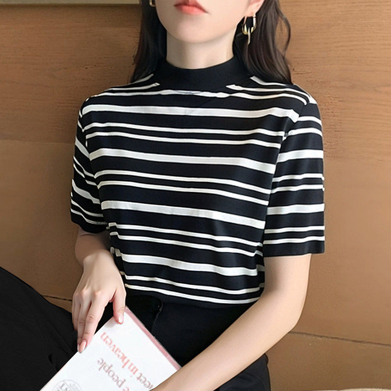 条纹短袖T恤女夏季薄款2026新款半高领宽松撞色套头打底衫上衣潮