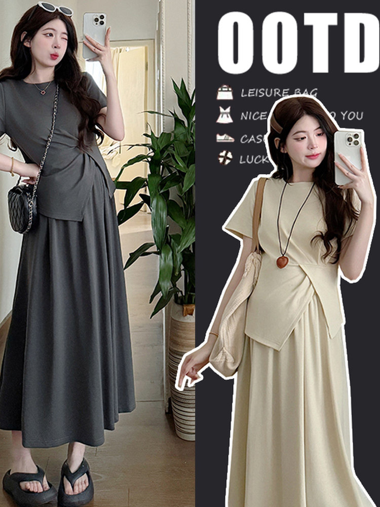 孕妇套装女夏季薄款2025新款时尚高级感穿搭短袖上衣半身裙两件套,女装/女士精品,大码套装,淘宝优惠券,粉丝福利购,淘宝优惠卷