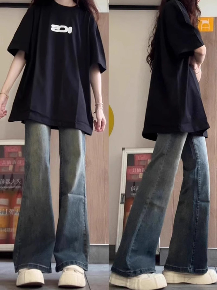 微喇牛仔裤女春秋2025新款美式高腰直筒小个子窄版阔腿休闲喇叭裤