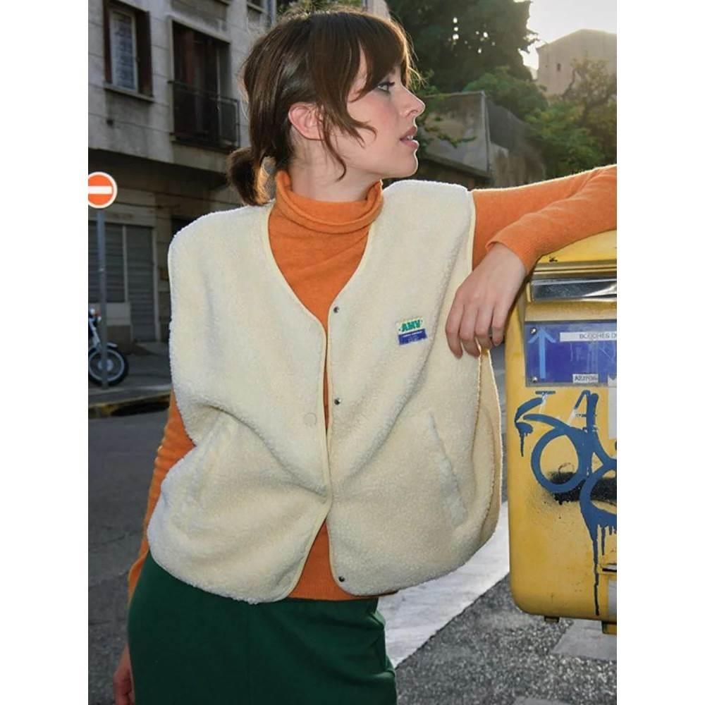 Chic Lamb Wool Single Breasted Pocket Vests Women Loose V Ne