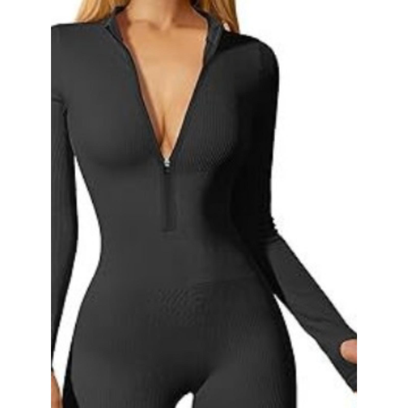 Ribbed long sleeved front zipper sports jumpsuit运动连身衣女
