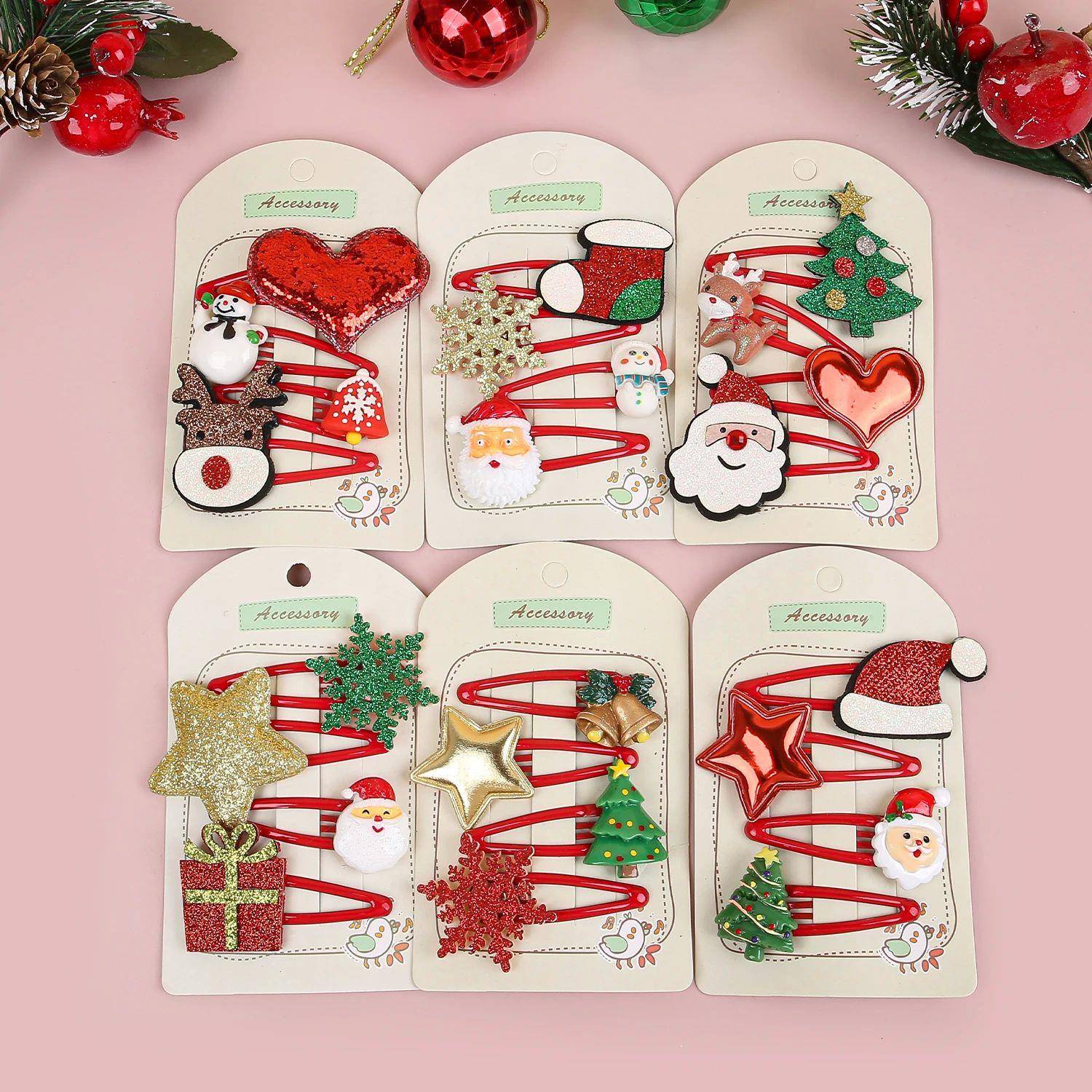 4pcs/set Kids Christmas Hair Clips Cartoon Elk Snowflake Bab