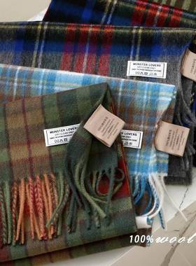 Scottish 100% wool plaid scarf for women in winter, thickene